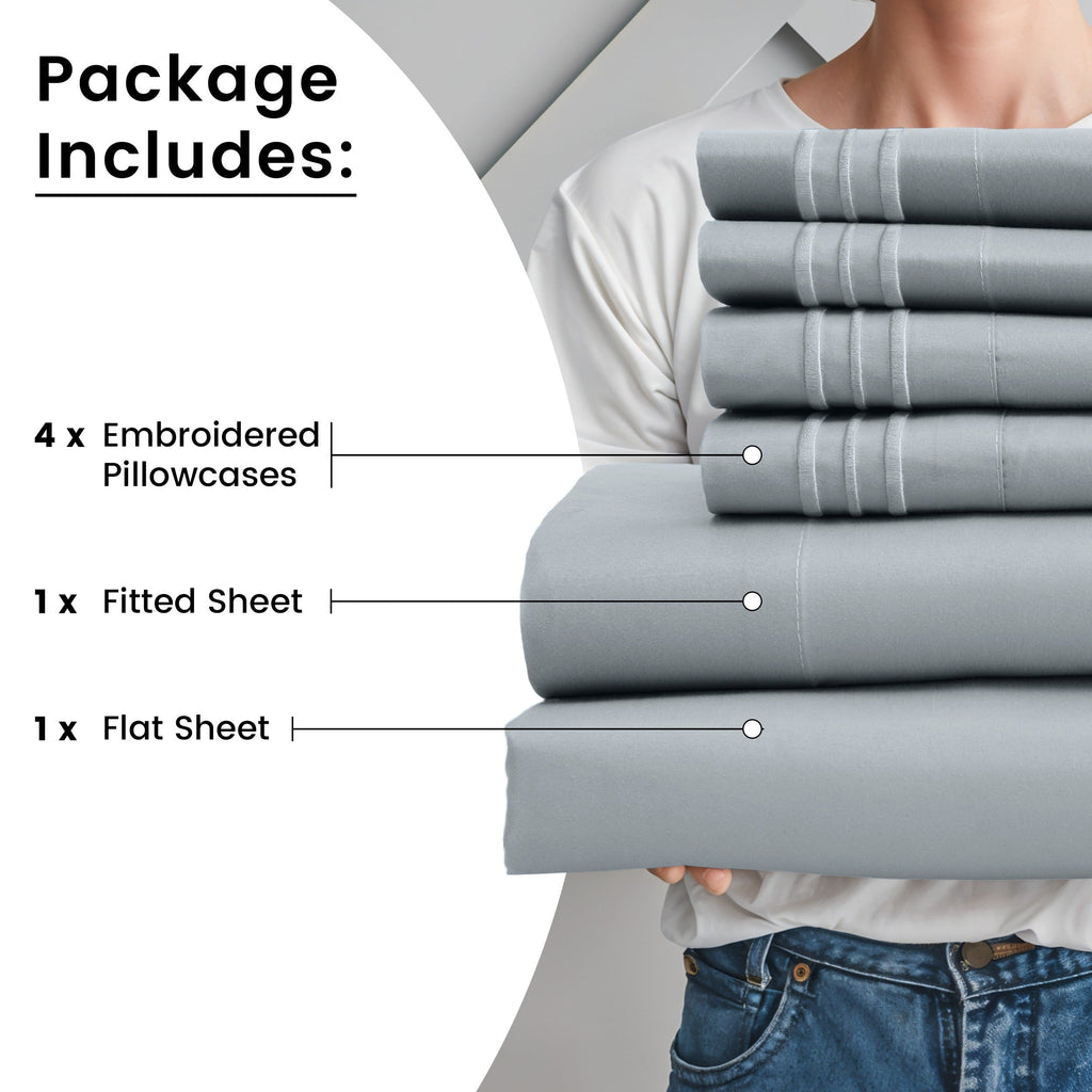 Fitted Sheet Set 6-Piece Brushed Polyester Deep Pocket Bed Sheets 20 Colors Hotel Luxury Soft Bedding with Embroidered Pillowcases