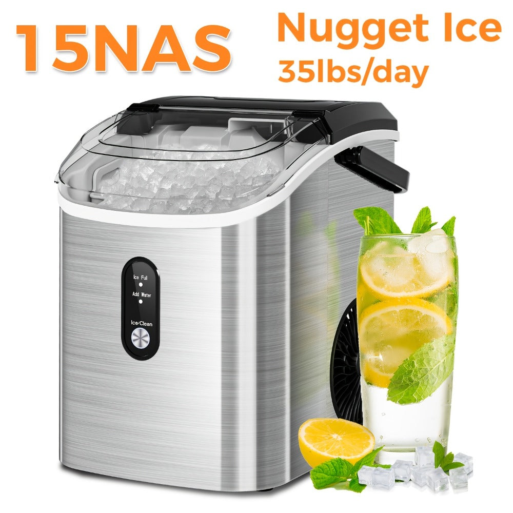 Stainless Steel Ice Maker Countertop ¨C 35 Lbs Soft Chewable Nugget Ice or 26 Lbs Bullet Ice, Pebble Portable Ice Machine for Home, Kitchen, Office, Party, RV & Camping
