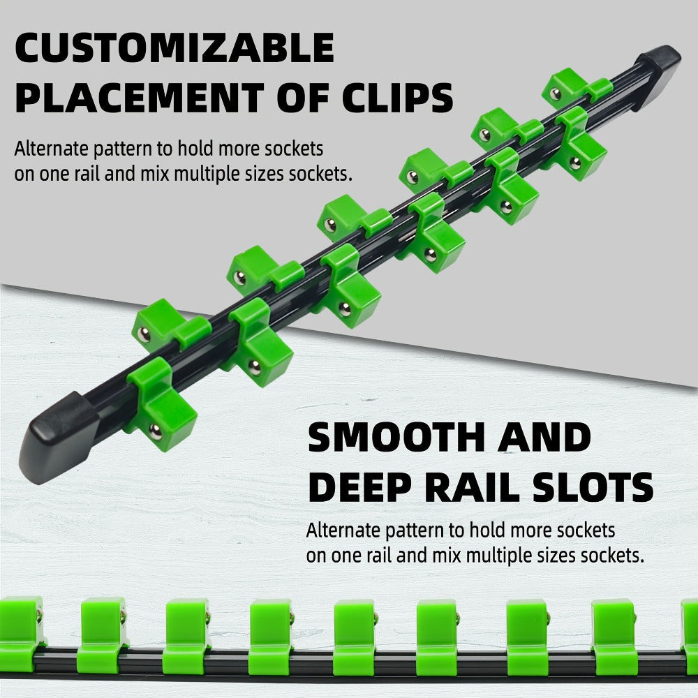 Socket Organizer Set with Rails ¨C Heavy Duty ABS Socket Holder Rack for 1/4¡±, 3/8¡± & 1/2¡± Drive ¨C Tool Storage Kit for Toolbox, Garage & Workshop Organization (6, 9 or 18 Piece)