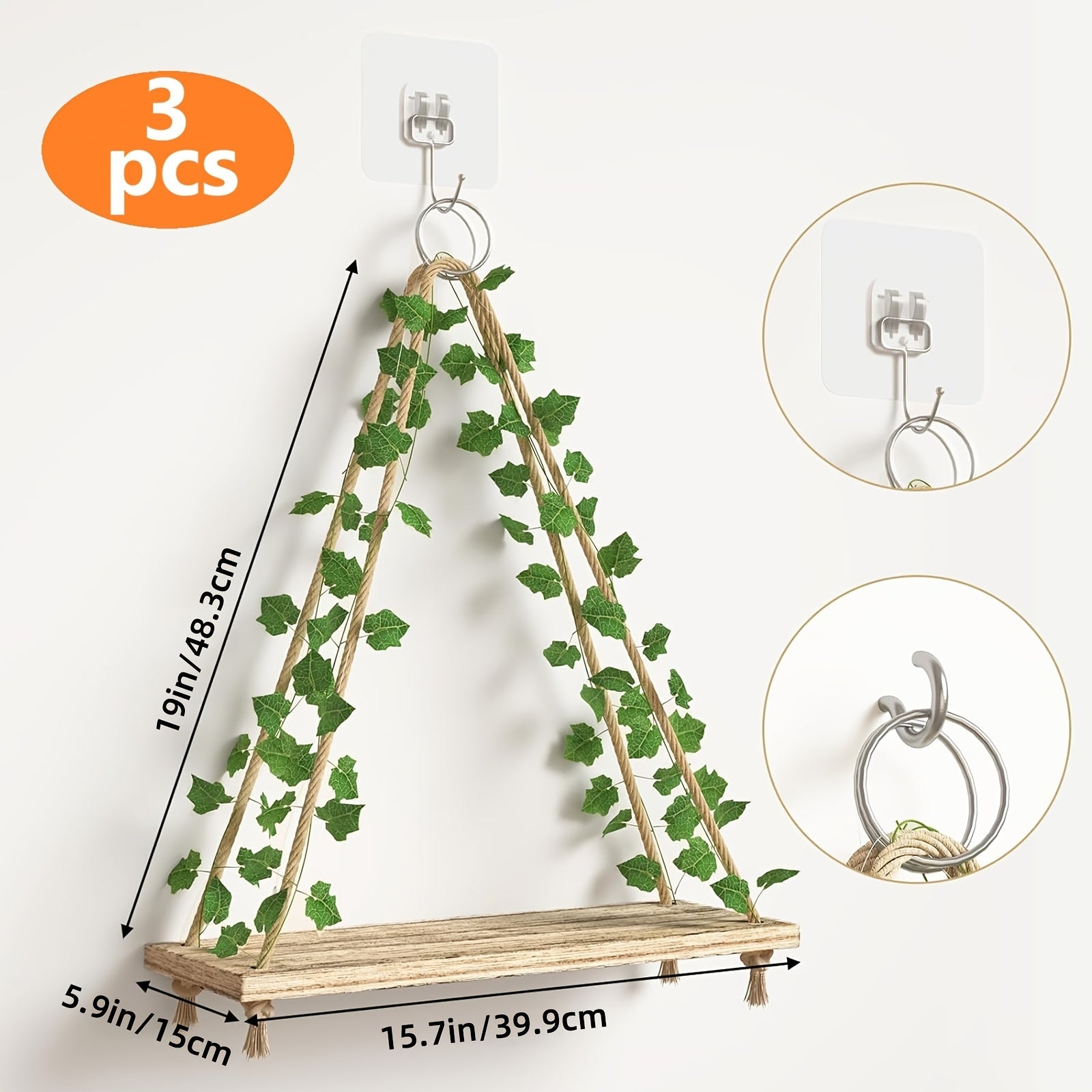Floating Wall Shelves with Artificial Ivy LED Strip Lights Macrame Boho Wood Hanging Shelf Plant Wall Decor Bedroom Living Room Bathroom 15.7 Inch