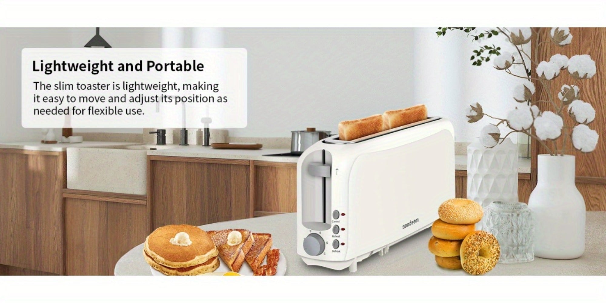 Slim Toaster 2-Slice ¨C SEEDEEM 6-Setting Shade Control, Cancel, Reheat & Defrost, Removable Crumb Tray, 750W Compact Fits-Anywhere Design for Bread, Waffles & Bagels, 6 Colors Available