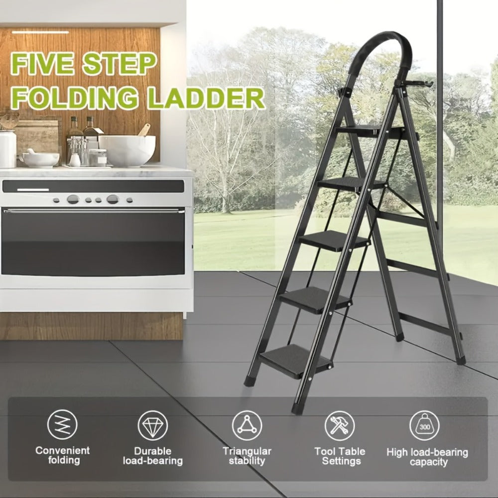 Folding Step Ladder 3 / 4 / 5 Step with Anti-Slip Pedal & Tool Tray ¨C 450 LBS Capacity Portable Steel Step Stool for Adults, Home, Kitchen, Library & Office Use ¨C Red & Black Options