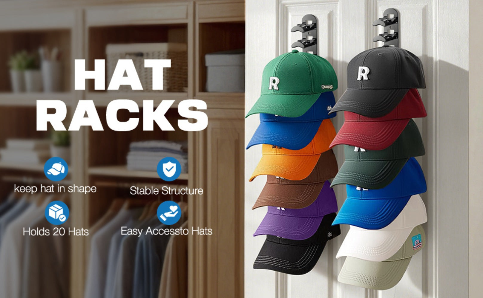 Wall Mounted Hat Rack for Baseball Caps ¨C Adhesive or Drill Mount, Holds 20 Hats, Multilayer Storage, 2pcs