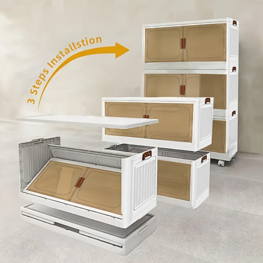 Folding Storage Cabinet 1-6 Tier Collapsible Stackable Organizer with Wheels and Lids - Extra Large Foldable Storage Locker for Closet Bedroom Office Kitchen 50CM Wide