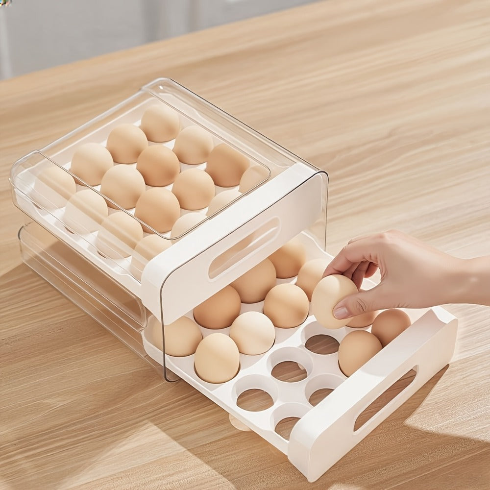 Egg Storage Container 32 Grid Double Layer with Drawer | Fridge Egg Holder Organizer | Sturdy PET+PP Stackable Egg Tray for Refrigerator, Keeps Eggs Fresh & Organized