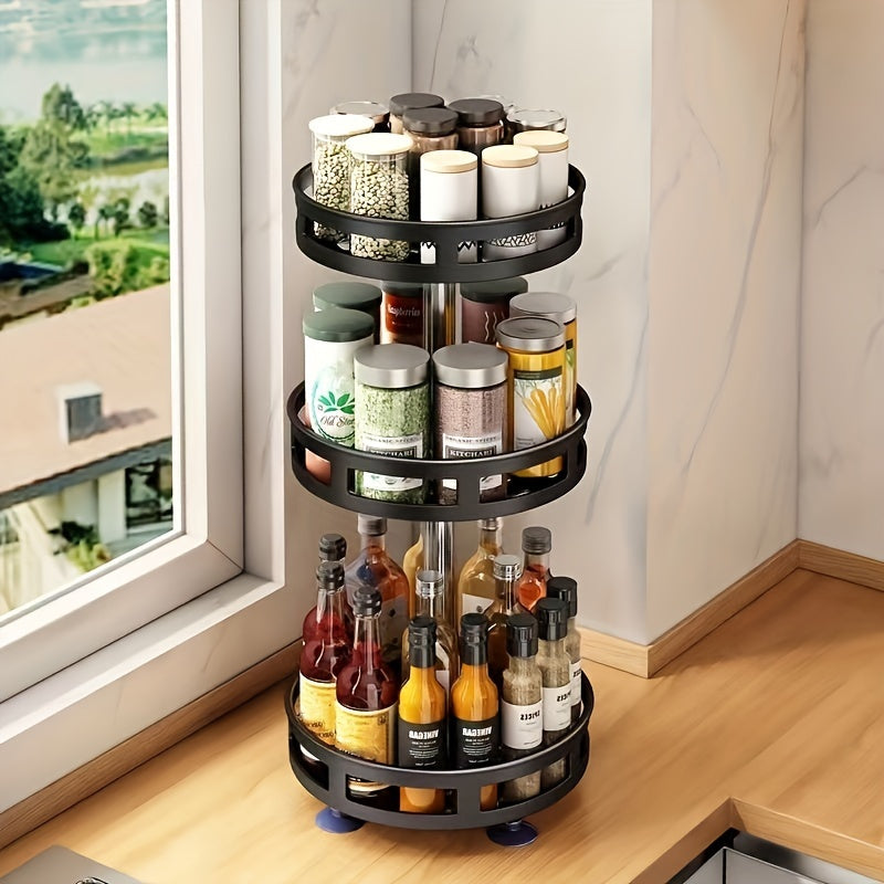 Spice Rack Organizer 3 Tier Rotating Turntable Carbon Steel Kitchen Seasoning Storage Rack for Counter Pantry Cabinet Black White