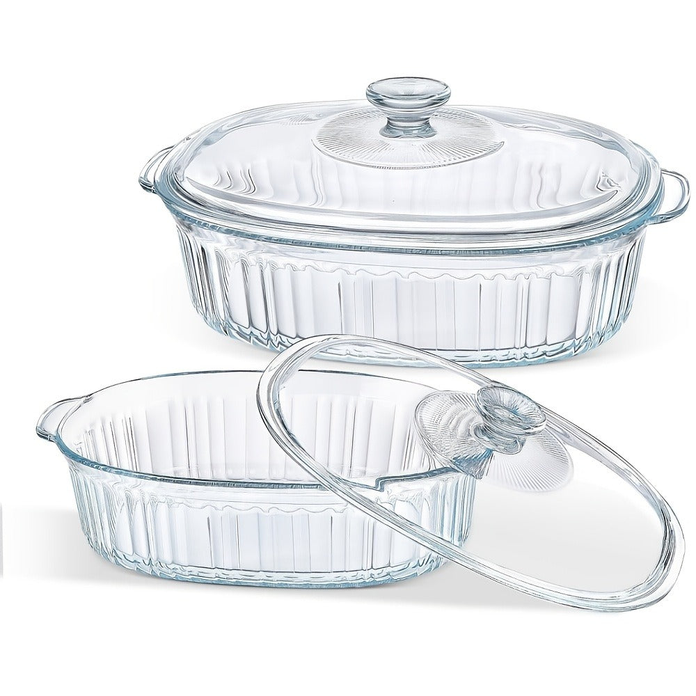 Glass Casserole Dish with Lid, Oval Ribbed Roasting Pan, Oven & Microwave Safe Covered Baking Dish, Transparent Deep Glass Cookware for Chicken Pasta Desserts, 50oz & 85oz Options