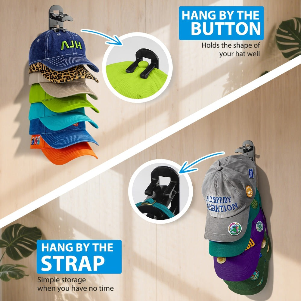 Wall Mounted Hat Rack for Baseball Caps ¨C Adhesive or Drill Mount, Holds 20 Hats, Multilayer Storage, 2pcs