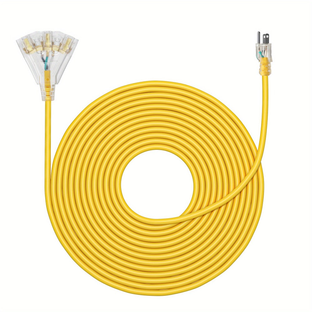 Extension Cord 25FT Heavy Duty Outdoor Indoor 14/3 SJTW Yellow 3-Outlet Tri-Tap Splitter with LED Lighted Plug 15A 1875W Grounded Power Cord for Workshop Garage Job Site Construction