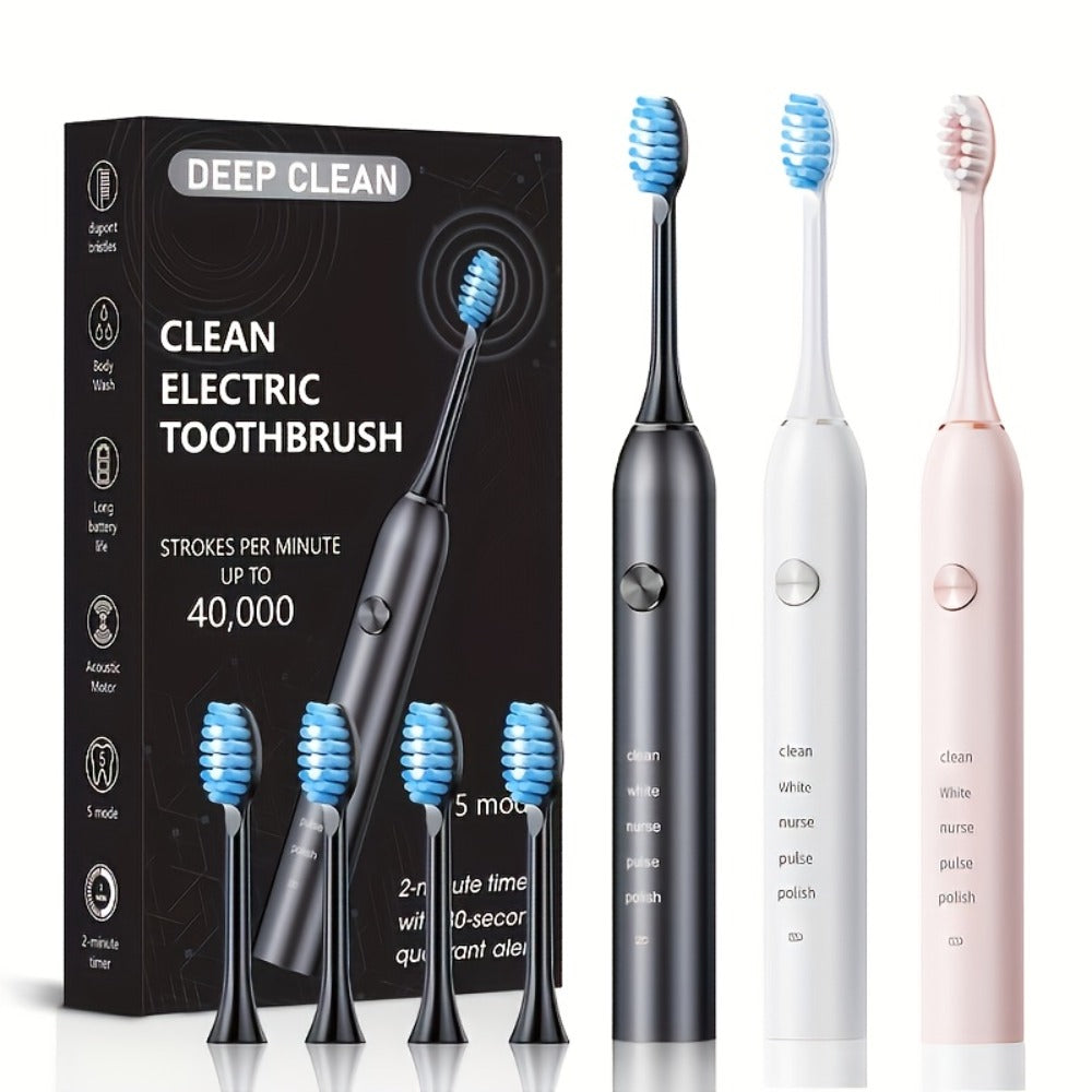 Sonic Electric Toothbrush ¨C 5 Vibration Modes, Soft Bristle, Type-C Fast Charging, Waterproof, Deep Clean & Teeth Whitening Rechargeable Power Toothbrush for Men & Women, 4 or 8 Brush Heads