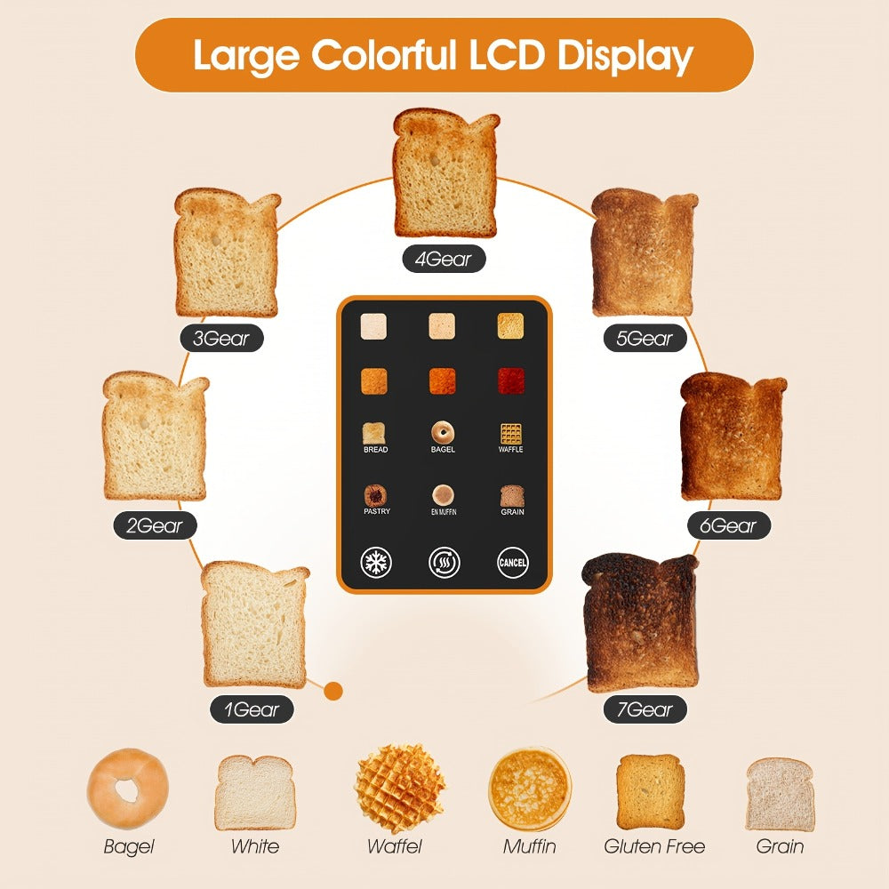 Smart Digital Toaster 2 Slice with Touch Screen LCD Display, 6 Bread Types & 6 Shade Settings, Extra Wide Slots, Stainless Steel ¨C Bagel, Cancel & Defrost Functions for Modern Kitchen