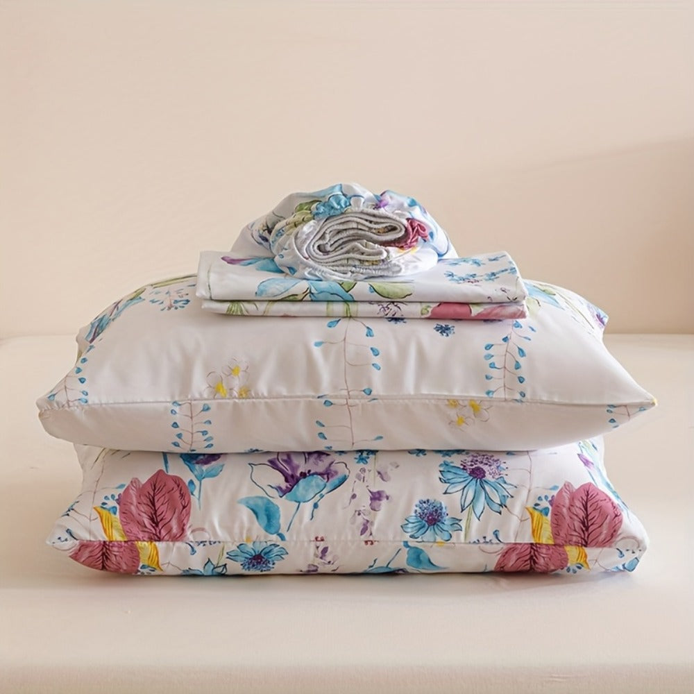Floral Bedding Set 4-Piece ¨C 1 Fitted Sheet + 1 Flat Sheet + 2 Pillowcases | Soft Breathable Polyester | All-Season Flower Print Bed Sheet Set | Machine Washable | Twin Full Queen King