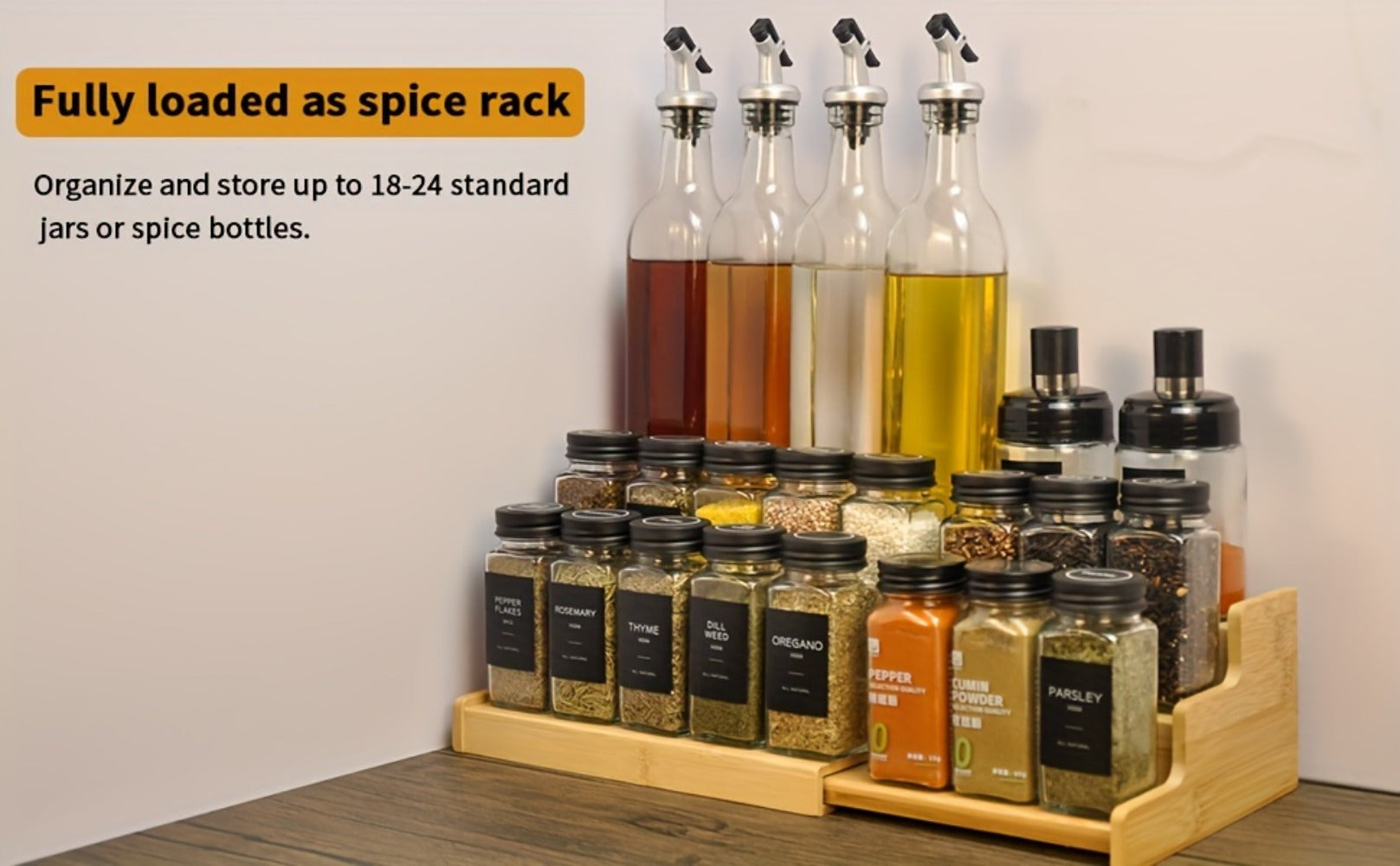 Bamboo Spice Rack Expandable 3-Tier Ladder Rack for Kitchen Cabinet Countertop Storage Organizer Pantry Shelf Display Stand for Spices Jars Bottles