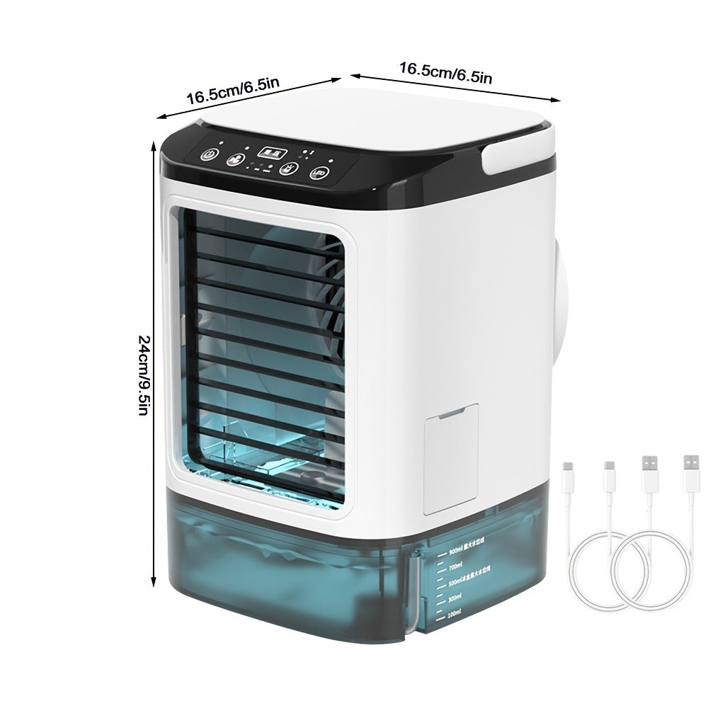 Portable Air Cooler Fan USB Humidifier with Rainbow Ambient Light, 3-Speed Atomization Misting Fan with Large Ice Box and Low Noise, Personal Desktop Cooling Fan Gift for Home, Office and Bedroom