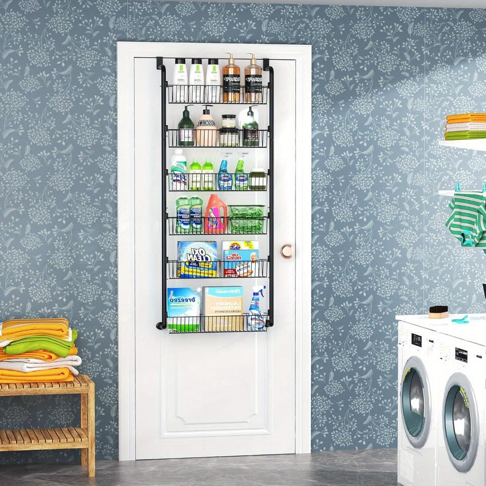 Over the Door Pantry Organizer 6-Tier & 8-Tier Metal Hanging Spice Rack | Back of Door Storage for Kitchen Pantry Laundry Bathroom | Versatile Door Mounted Seasoning Rack in Black & White