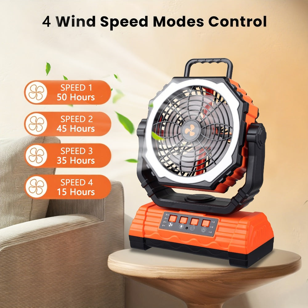 Portable Camping Fan with Dual Motors LED Light & Remote Control, Solar Powered Outdoor Fan with Hook for Tent Work Site Power Outage, Camping Accessories