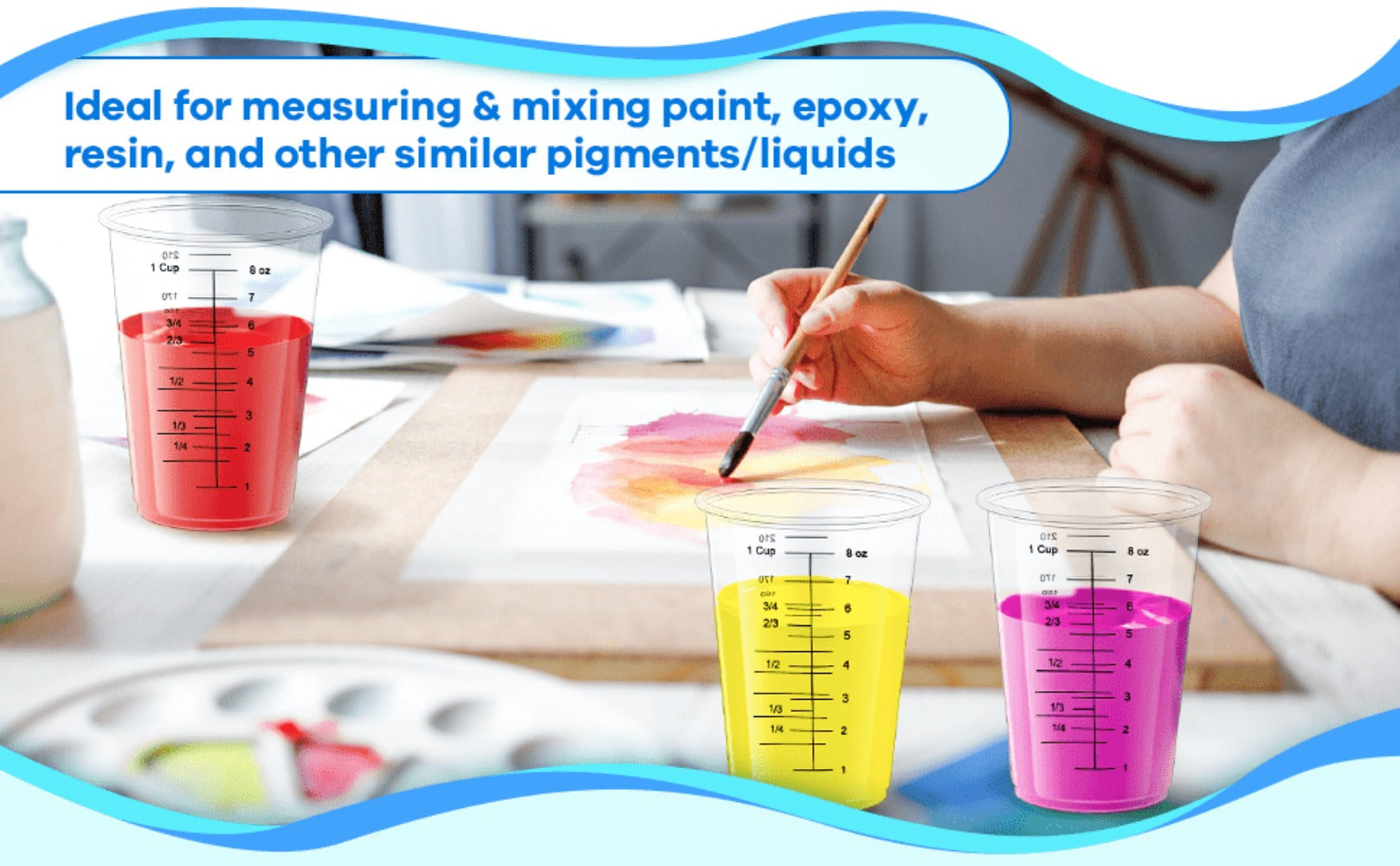 Plastic Measuring Cups with Wooden Sticks 100 Sets Clear Graduated Mixing Cups oz/ml/cc for Resin, Cooking, Baking & Epoxy ¨C Disposable Paint Mixing Cups