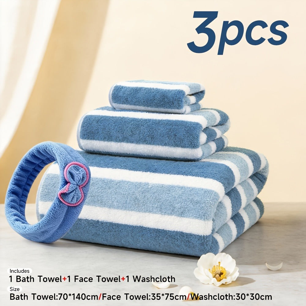 Microfiber Towel Set No Hair Loss Five-Star Hotel Standard - Ultra Soft 100% Polyester Two-Color Striped | 10pcs 3pcs 1pc | Green Brown Gray Red Blue | Bath Face Hand Towels with Bath Ball