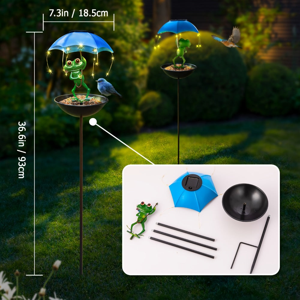 Solar Garden Decor Frog with Umbrella LED Light ¨C Iron Frog Outdoor Statue with Solar Powered LED | Bird Feeder Garden Ornament for Patio, Lawn, Pathway & Deck | Unique Valentine Gift Yard Decoration