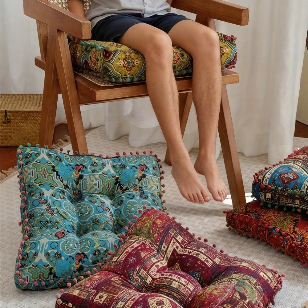 Meditation Floor Cushion Thick Soft Bohemian Moroccan Design Linen Cover Round Pad for Living Room Bedroom Office Yoga Mindfulness Boho Home Decor