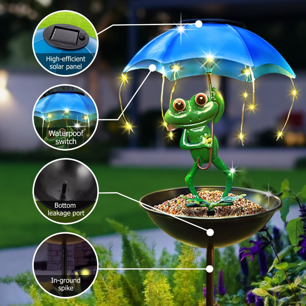 Solar Garden Decor Frog with Umbrella LED Light ¨C Iron Frog Outdoor Statue with Solar Powered LED | Bird Feeder Garden Ornament for Patio, Lawn, Pathway & Deck | Unique Valentine Gift Yard Decoration