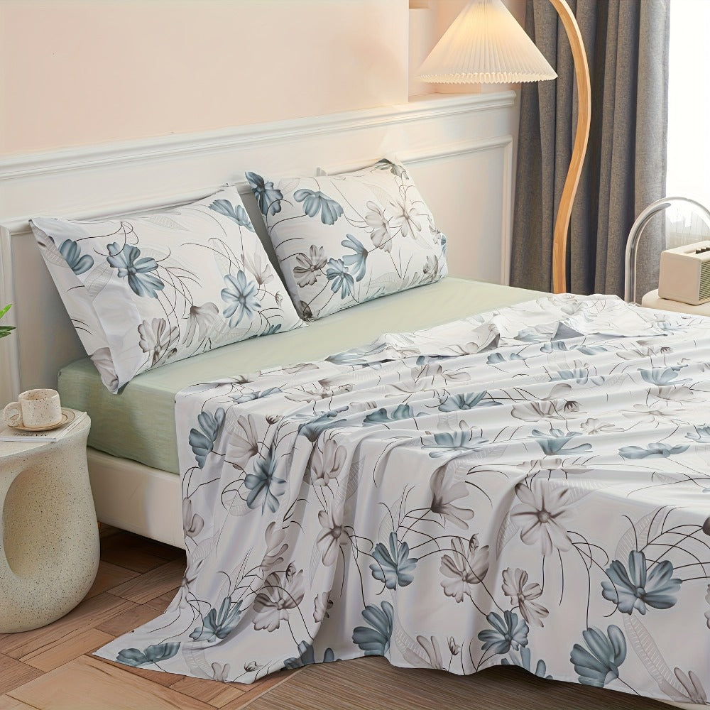 Bed Sheets Set 4pcs Deep Pocket Fitted Sheet & Pillow Cases | Soft Floral Bedding Twin Full Queen King ¨C White Pink Green