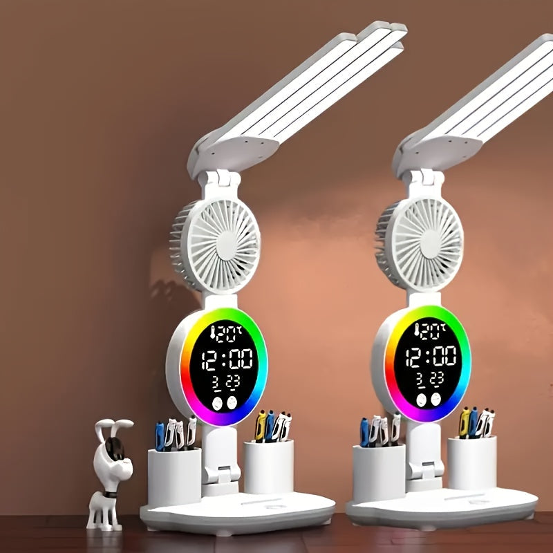 LED Desk Lamp with Built-in Fan & Touch Control | Dual Head Adjustable | USB Charging | 3 Color Modes Dimmable | Smart Display Clock | Eye-Caring Reading Lamp for Home Office Dorm Study