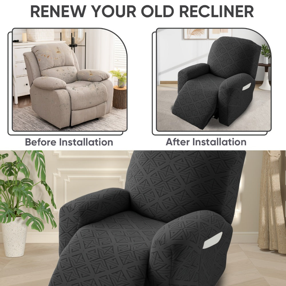 Stretch Recliner Chair Cover 4-Piece Slipcover Non-Slip Elastic Recliner Protector Polar Fleece Jacquard Fabric Pet Scratch Proof Easy Install for Lazy Boy Recliner