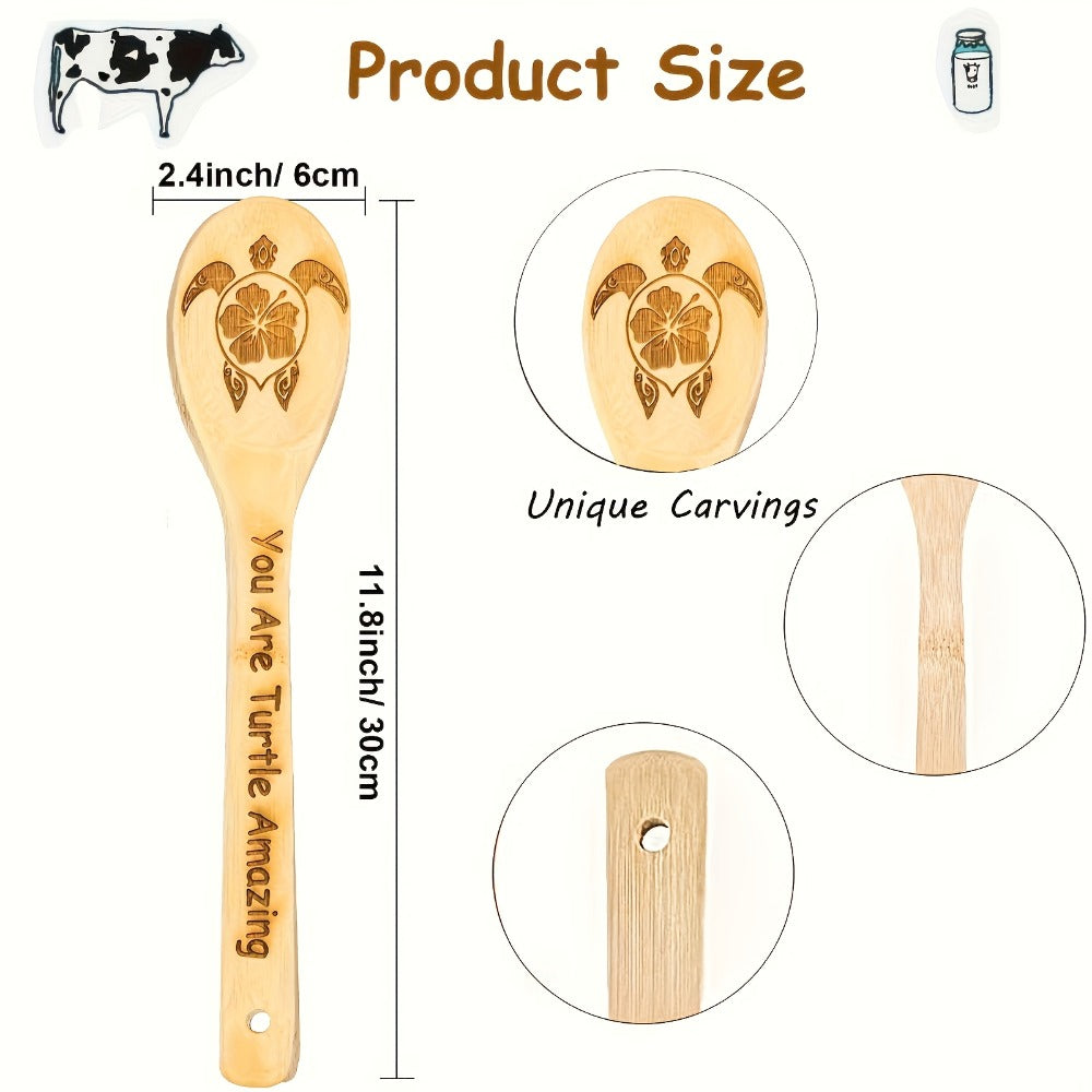 Wooden Cooking Spoons Utensils Set 5 Pcs ¨C Carved Animal Bamboo Kitchen Gadgets Non-Stick Spatula Kit, Turtle Design Farmhouse Decor, Housewarming Christmas Gift for Cooking Enthusiasts