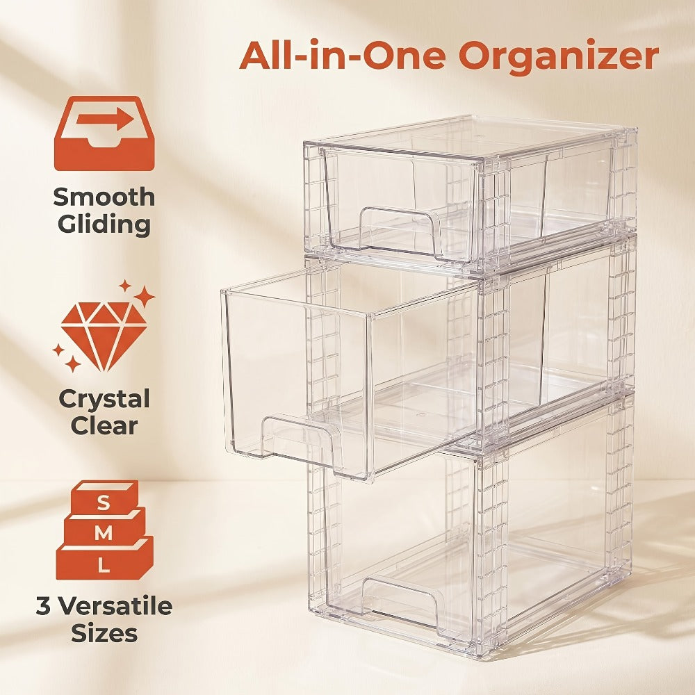 Clear Stackable Storage Bins with Lids & Handles 3 or 4-Piece Set | Plastic Organizer Drawers for Under Sink Pantry Cabinet Closet | Kitchen & Bathroom Storage for Cosmetics Cleaning Supplies Food