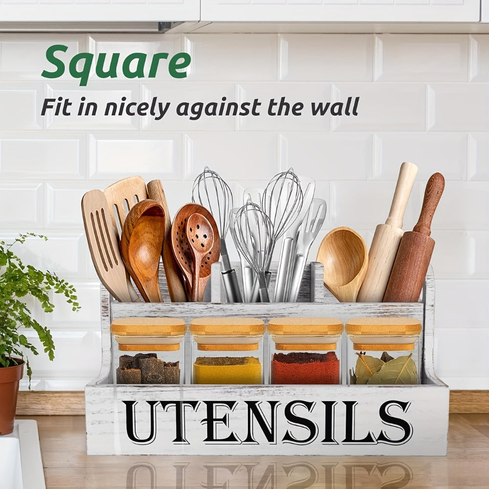 Kitchen Utensil Organizer Extra Large 4 Compartments Wooden Countertop Crock Farmhouse Rustic Cooking Utensil Holder for Kitchen in White and Black