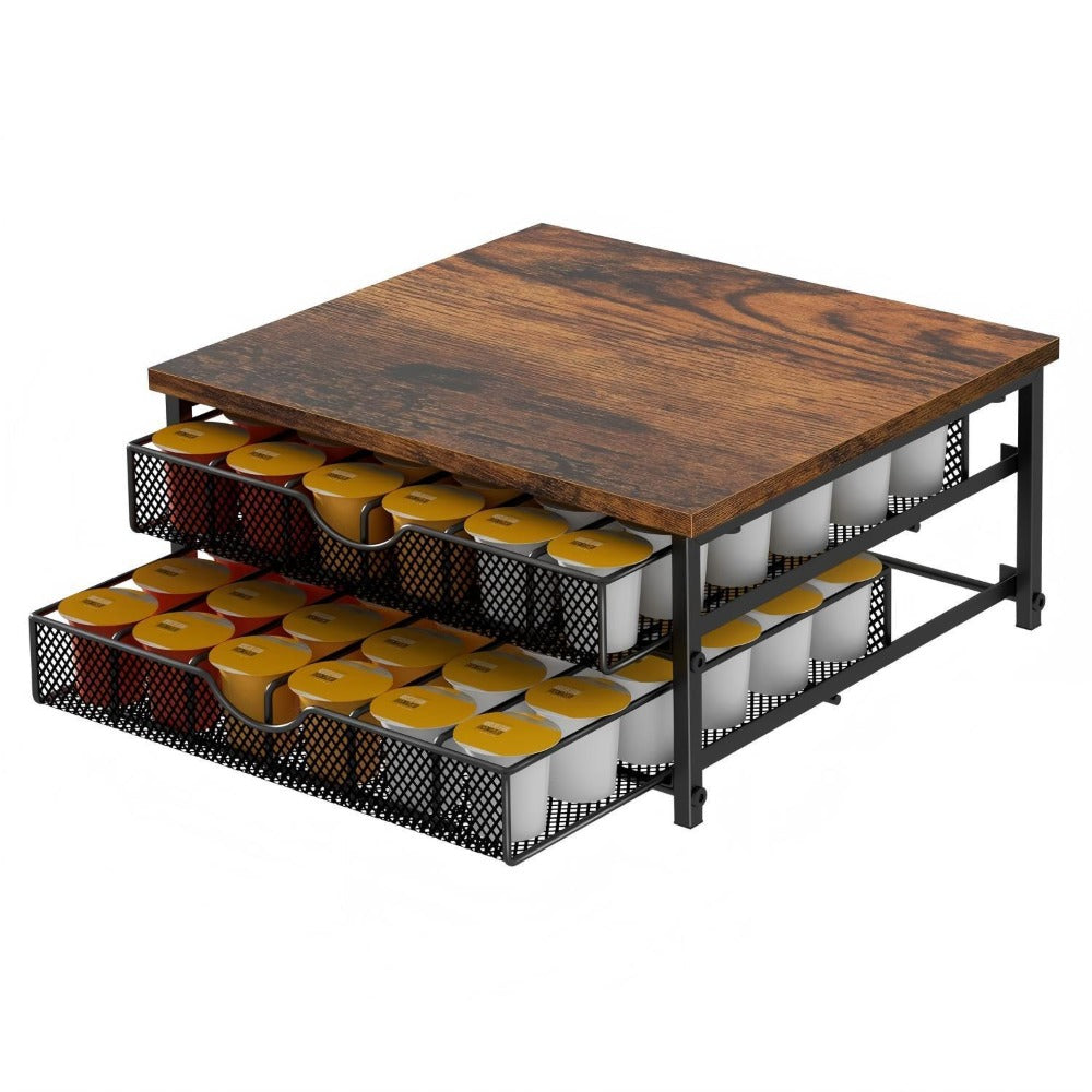 K-Cup Coffee Pod Holder 72 Capacity ¨C 2-Tier Sliding Drawer Coffee Pod Organizer with Wood Top & Metal Frame, Non-Slip Base, Stackable Countertop Storage for Home, Office & Cafe ¨C Silver