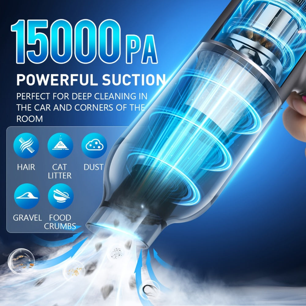 Cordless Handheld Car Vacuum Cleaner 15000PA - Rechargeable Portable Mini Vacuum with Brushless Motor, HEPA Filter, Air Blower & Pump Function, Small Hand Held Vacuum for Car Interior, Home & Pet Hair