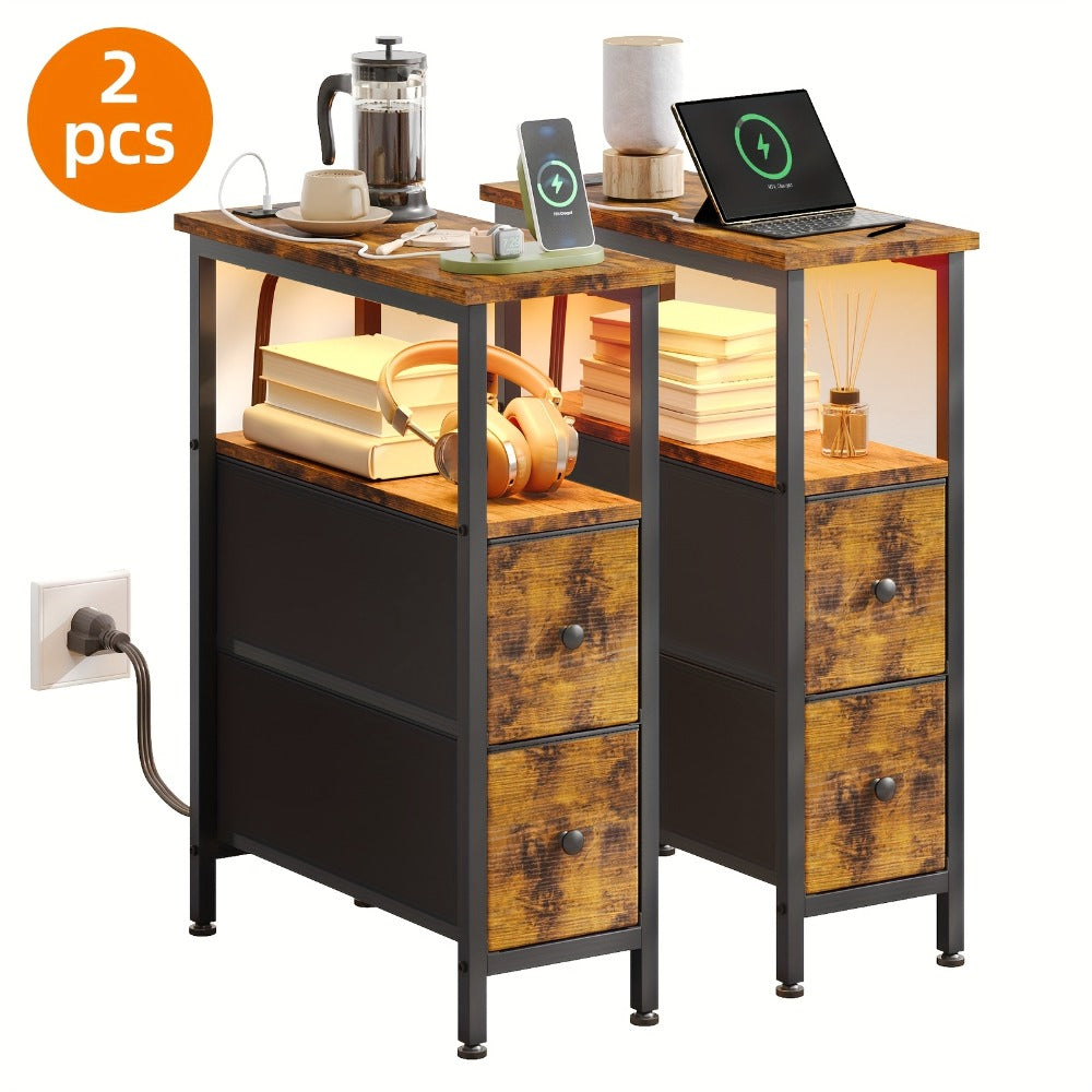 Nightstand with Charging Station Slim LED Bedside Table with Fabric Drawers, Narrow End Table for Small Spaces Bedroom Dorm Living Room Couch, Skinny Side Table Storage Unit Brown Black White