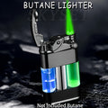 Green Flame Metal Lighter Windproof ¨C Refillable Butane Gas Lighter with Adjustable Flame, Fuel Window & Rocker Arm Ignition, Cool Multifunctional Lighter for Outdoor Camping BBQ Cigars (No Butane)