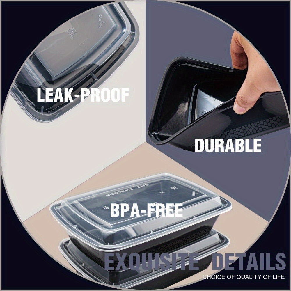 Meal Prep Containers 38oz Black Rectangular Disposable Bento Box Bulk Set - Stackable Leakproof Food Storage with Lids Microwave Dishwasher Freezer Safe for Takeout Catering Picnic Lunch