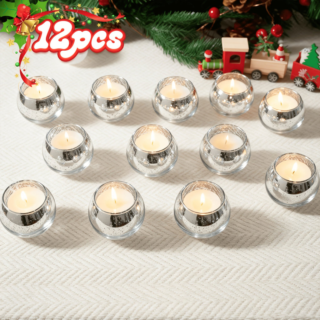 Votive Candle Holders Bulk - High Temperature Glass Hurricane Candle Holders for Weddings, Parties & Romantic Dinners, Starlight Shimmer Effect, Set of 6/12/24, Golden, Pink, Silver & Green