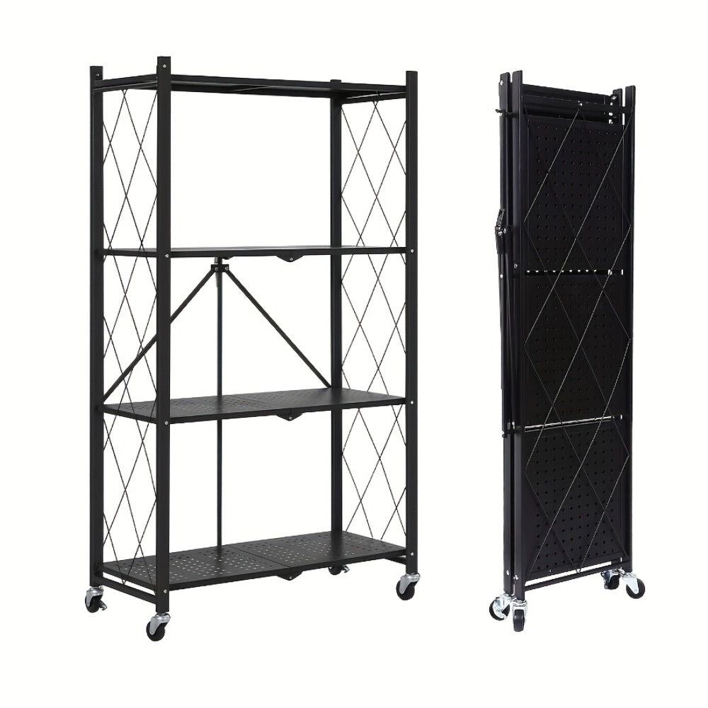 Storage Rack 3-5 Tier Foldable Shelving Unit with Wheels - Portable Multi-Layer Floor Standing Utility Shelf Organizer for Bedroom Closet Kitchen Office Black White