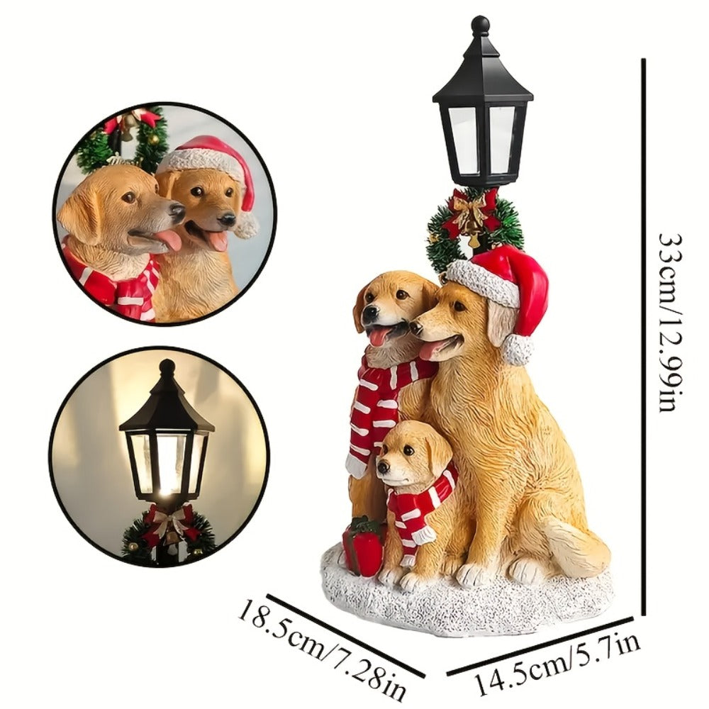 Golden Retriever Family LED Christmas Figurines - Realistic Resin Dog Statues with Santa Hats, Battery-Powered Warm Glow Holiday Decor for Mantel & Tabletop, Gift for Dog Lovers