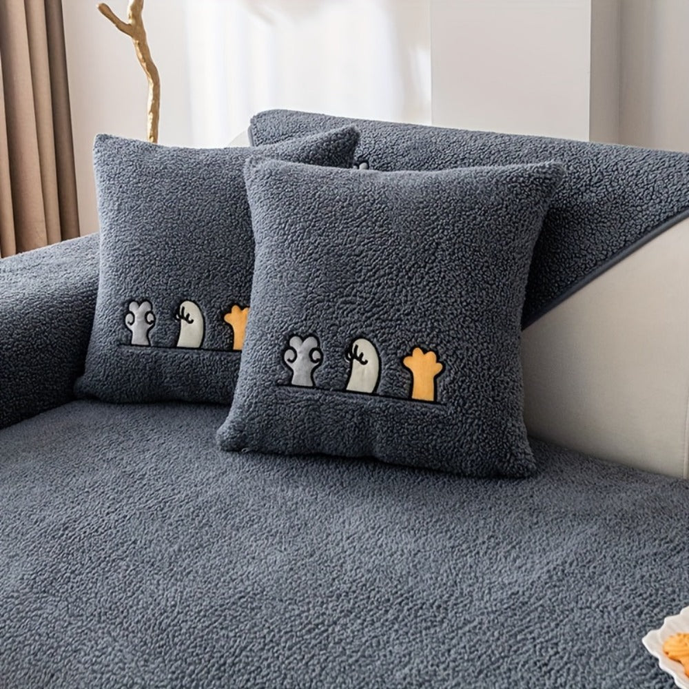 Plush Shearling Sofa Cover Non-Slip Pet-Friendly Couch Protector Animal Bone Embroidery Soft Warm for Living Room Bedroom Office 2 3 4 Seater