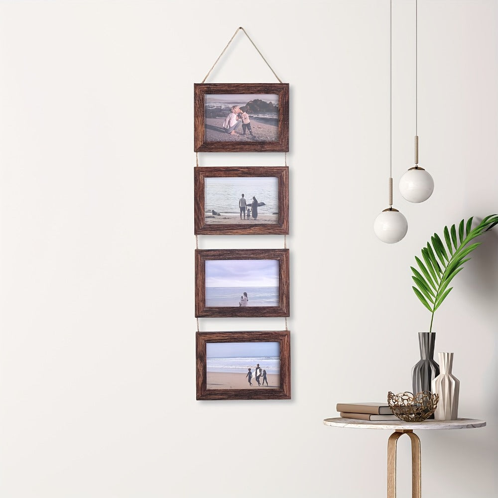 Picture Frame Set 4pcs Wooden Glass 4x6 with Flip-Top Display ¨C Collage Photo Frames for Wall & Desktop, Interchangeable Mat, Home Decor Room Aesthetic ¨C Wedding, Housewarming & Holiday Gift (White/Brown)