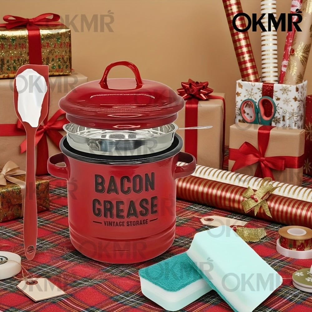 Bacon Grease Container with Lid, Large Capacity Grease Storage Can with Heat-Resistant Filter, Silicone Spatula & Cleaning Sponge Set, Flip-Top Oil Holder for Kitchen Household Use