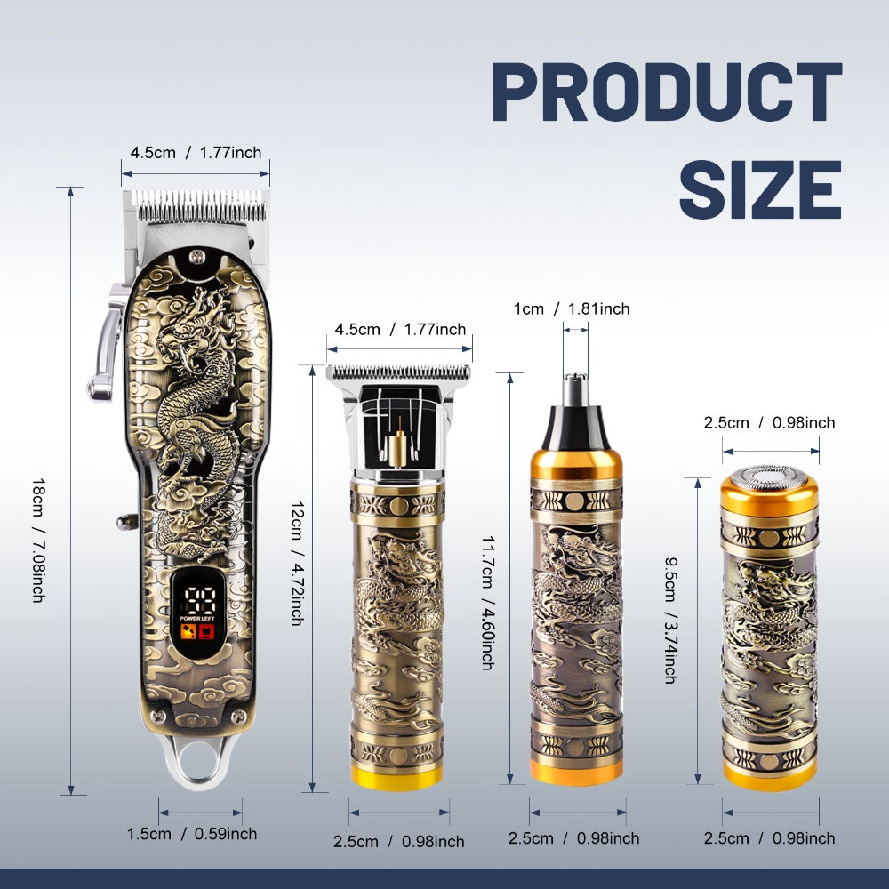 4-in-1 Men's Grooming Kit - Dragon Engraved Hair Clipper, T-Blade Trimmer, Nose Groomer & Shaver, 6000 RPM Motor, USB Rechargeable, LED Battery Display, Perfect Gift for Men