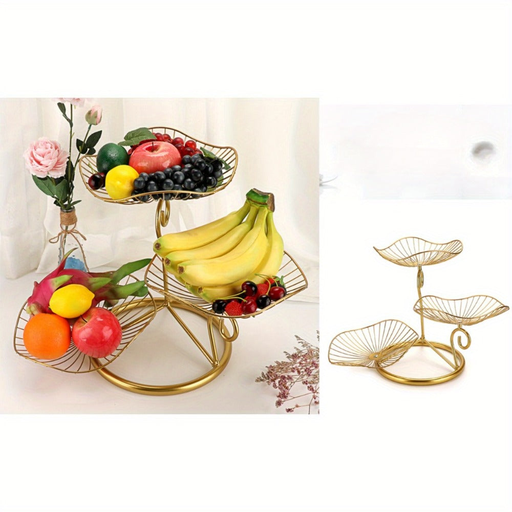 Fruit Basket Stand 3-Tier Decorative Iron Metal Wire Fruit Bowl with Lotus Leaf Design, Countertop Holder for Fruits Vegetables Bread Snacks, Modern Home Kitchen Table Centerpiece Organizer Gold