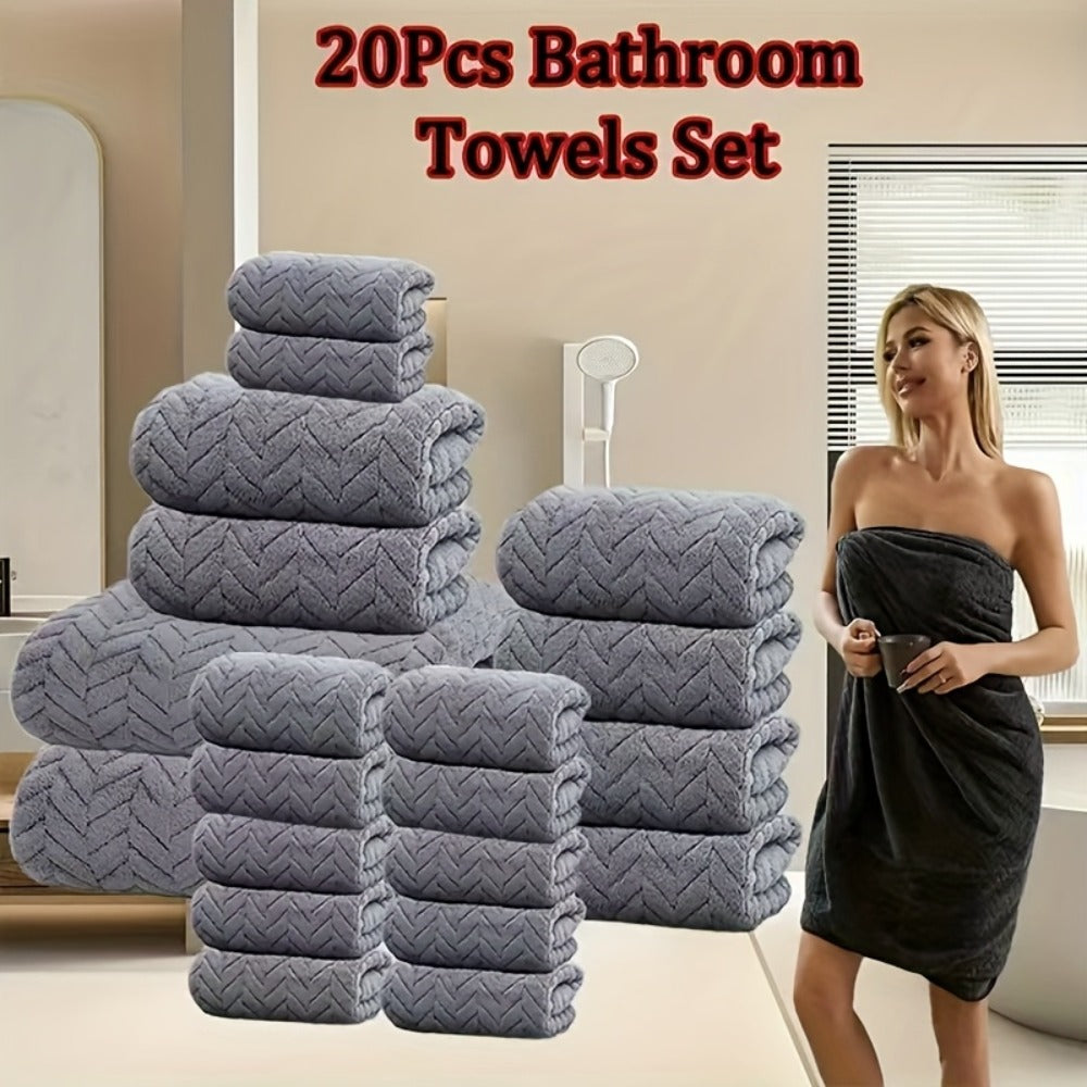 Microfiber Bath Towel Set 18/20pcs - Coral Fleece Absorbent Quick Dry Soft Large Bath Towels for Home Bathroom Spa Gift with Washcloths Bath Ball