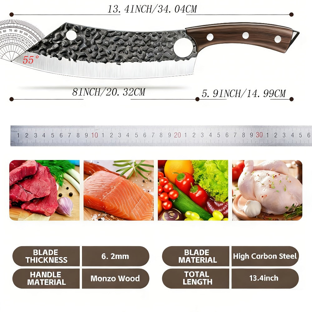 Butcher Knife 8 Inch Hand Forged High Carbon Steel Cleaver ¨C Meat & Vegetable Chopping Knife with Finger Hole, Wooden Handle