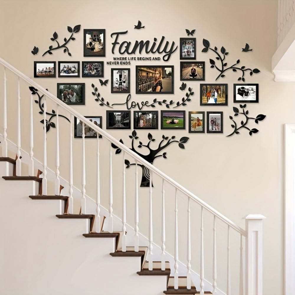 Family Tree Wall Sticker 3D Acrylic Photo Frame Collage ¨C Removable Leaf-Shaped Picture Display with ¡±Family¡± & ¡±Love¡± Text, Peel & Stick Living Room Wall Decor, 81.5 x 57.48 Inches