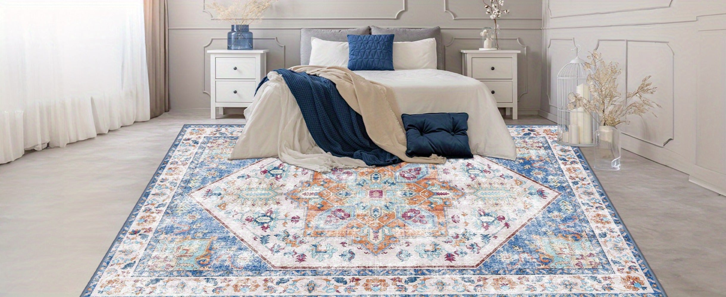 Vintage Persian Area Rug Machine Washable Non-Slip Non-Shedding Floral Indoor Carpet for Living Room Bedroom in Multiple Colors and Sizes