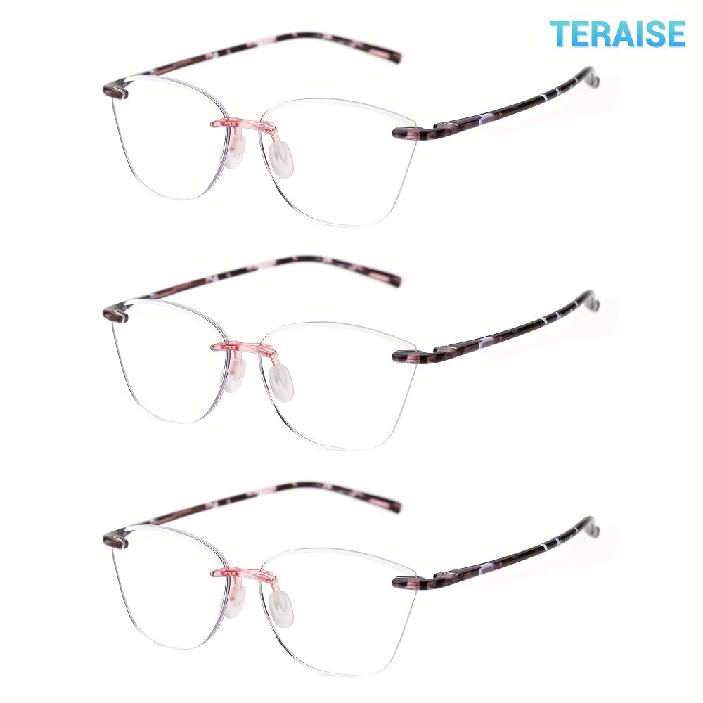 Rimless Reading Glasses for Women 3 Pack - Blue Light Blocking Lightweight Metal Frameless Readers with Anti Eyestrain Lenses, Multiple Colors and Magnifications 1.0X to 4.0X