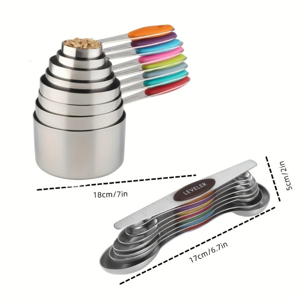 Measuring Cups and Spoons Set Stainless Steel, 8 or 17-Piece Stackable Baking Measuring Cup Set with Soft Handle for Wet and Dry Ingredients, Kitchen Baking Accessories, Black or Colorful